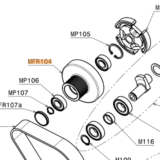 MFR104 | Drum/Pinion Ø 44,0 mm 15 grooves assembled with Bearings, black - Image 2